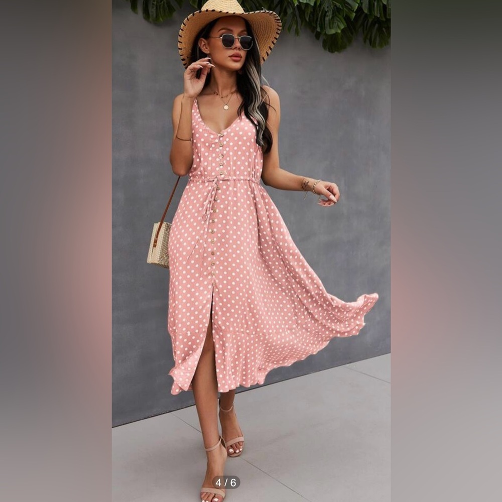 SHEIN Pink Polka Dot Button-Front Midi Dress
